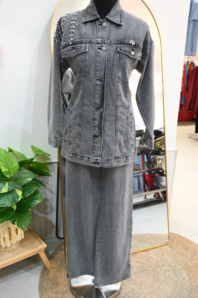 [869-73592-S] Two Piece Jeans Set - Gray (S)