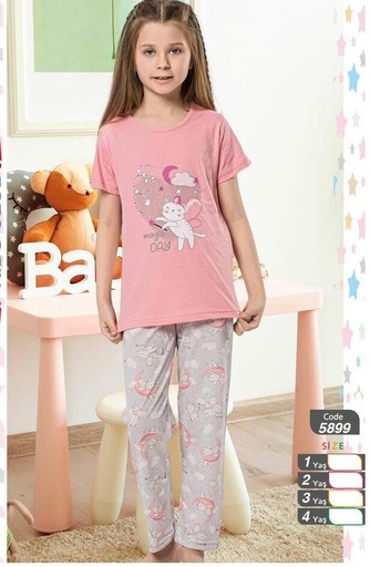 [3102008-1797-Pink-9~10-2 Year] Girls Cotton Pajama Half Sleeve trouser Silver Cat Print