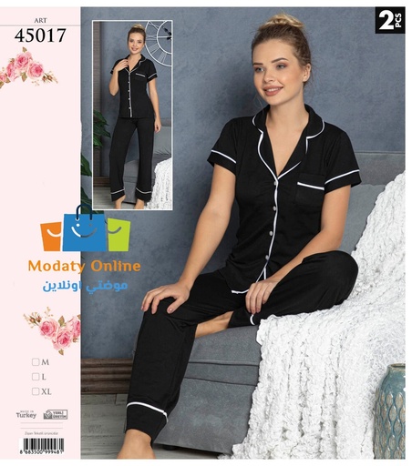 [110101036-45017-Black-M] Half Sleeve Pajamas With Buttons